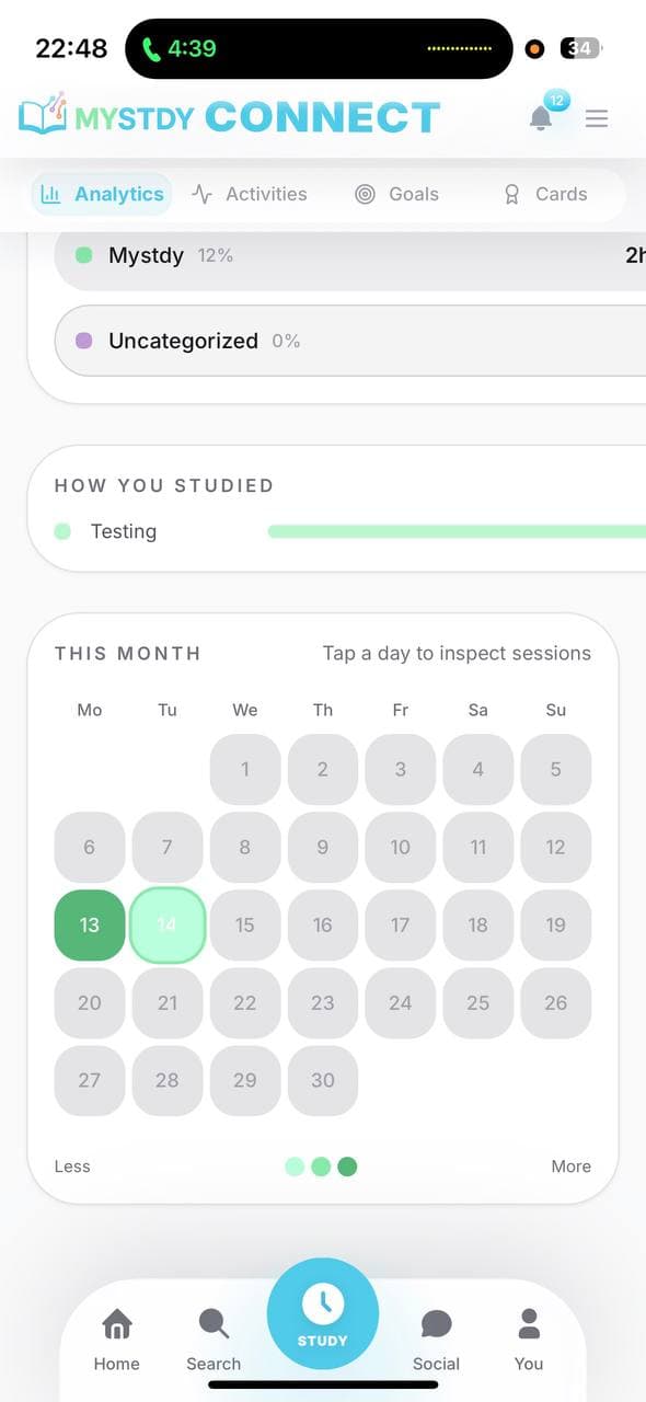MySTDY analytics — monthly calendar heatmap showing study consistency