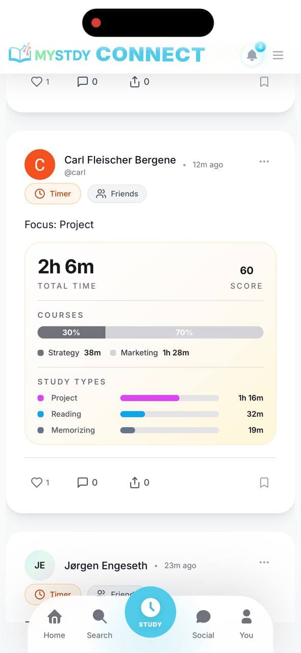 MySTDY feed — Carl's public session card showing 2h 6m focused time, Study Score 60, course and study-type breakdown